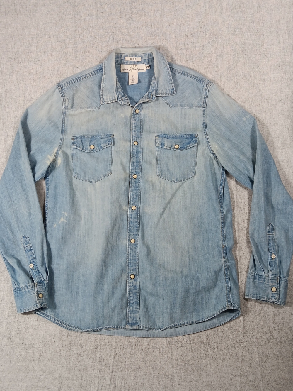 H&M LOGG Denim Western Pearl Snap Shirt Small Light Wash Retro Boho Indie Size M